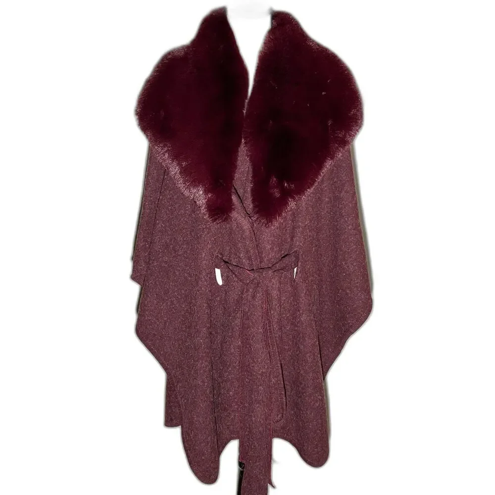Jones NY burgundy fur collar belted cape/poncho. One Size.